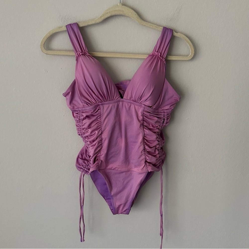 Soluna Shirred Cinched Tie One-Piece Swimsuit purple tie dye M